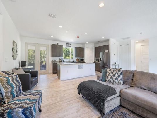 Interior, Kitchen, Living room, Recessed Lighting, Stainless Steel Appliances, Wood Texture Flooring