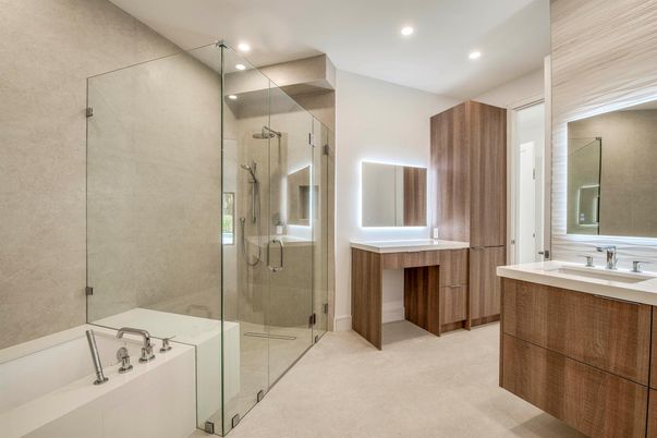 Bathroom, Dual Sink Vanities, Glass Shower, Interior, Recessed Lighting
