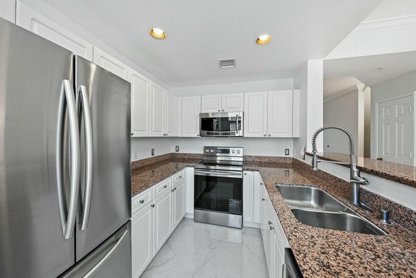 Interior, Kitchen, Marble, Recessed Lighting, Stainless Steel Appliances