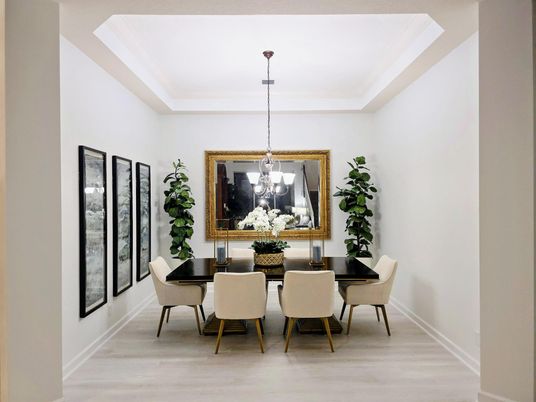 Dining room, Interior, Pendant Lights, Wood Texture Flooring