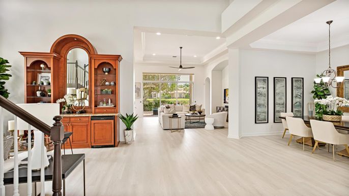 Dining room, Interior, Living room, Pendant Lights, Recessed Lighting, Wood Texture Flooring