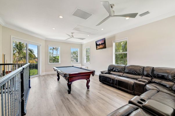 Billiard Table, Game Room, Interior, Recessed Lighting, Wood Texture Flooring