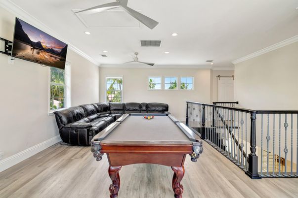 Billiard Table, Game Room, Interior, Recessed Lighting, Wood Texture Flooring