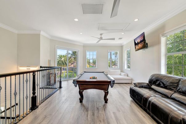 Billiard Table, Game Room, Interior, Recessed Lighting, Wood Texture Flooring