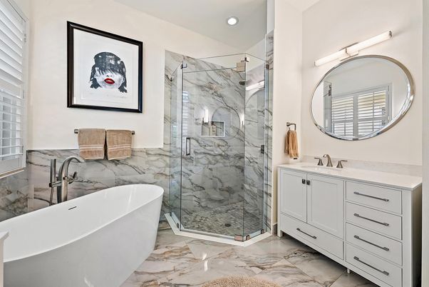 Bathroom, Dual Sink Vanities, Free Standing Baths, Glass Shower, Interior, Marble, Marble Walls, Recessed Lighting