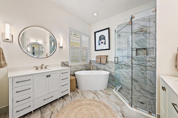 Bathroom, Dual Sink Vanities, Free Standing Baths, Glass Shower, Interior, Marble, Marble Walls, Recessed Lighting