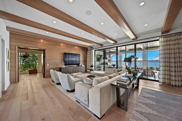 Interior, Living room, Recessed Lighting, Water, Wooden Beams, Wood Texture Flooring, Wooden Walls