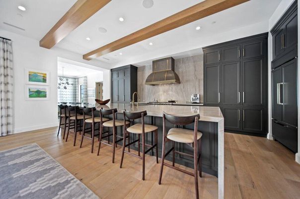 Interior, Kitchen, Recessed Lighting, Stainless Steel Appliances, Wooden Beams, Wood Texture Flooring