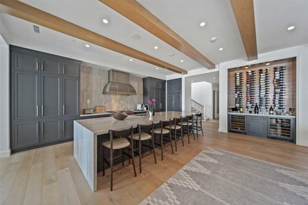 Interior, Kitchen, Recessed Lighting, Stainless Steel Appliances, Wine Storage, Wooden Beams, Wood Texture Flooring