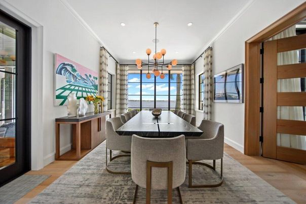 Dining room, Interior, Pendant Lights, Recessed Lighting, Water, Wood Texture Flooring