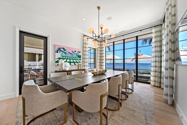 Dining room, Interior, Pendant Lights, Recessed Lighting, Water, Wood Texture Flooring
