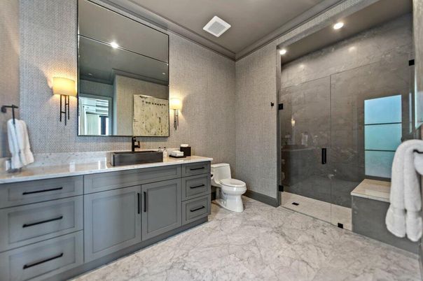 Bathroom, Dual Sink Vanities, Glass Shower, Interior, Marble, Recessed Lighting