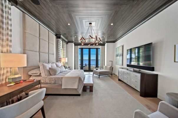 Bedroom, Chandelier, Interior, Living room, Recessed Lighting, Water, Wooden Ceilings, Wood Texture Flooring