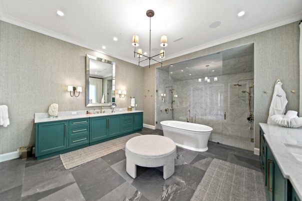 Bathroom, Dual Sink Vanities, Free Standing Baths, Glass Shower, Interior, Pendant Lights, Recessed Lighting