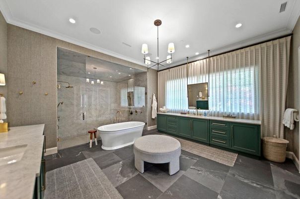 Bathroom, Dual Sink Vanities, Free Standing Baths, Glass Shower, Interior, Pendant Lights, Recessed Lighting