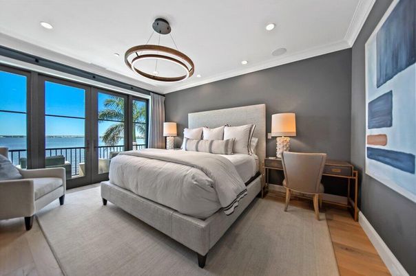 Bedroom, Interior, Pendant Lights, Recessed Lighting, Water, Wood Texture Flooring
