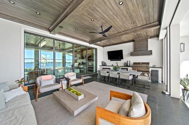 Dining room, Interior, Living room, Recessed Lighting, Water, Wooden Beams, Wooden Ceilings
