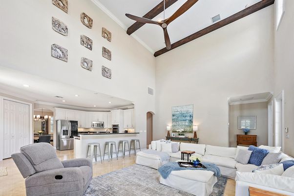 Interior, Kitchen, Living room, Pendant Lights, Recessed Lighting, Stainless Steel Appliances, Wooden Beams