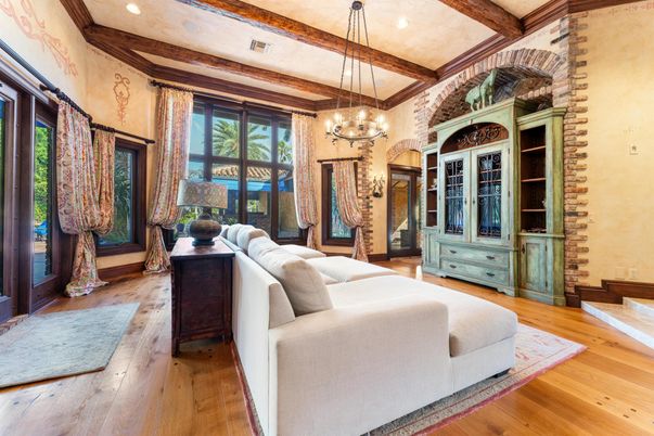 Chandelier, Interior, Living room, Pendant Lights, Recessed Lighting, Wooden Beams, Wood Texture Flooring