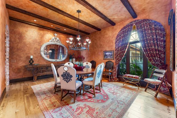 Chandelier, Dining room, Interior, Recessed Lighting, Wooden Beams, Wood Texture Flooring