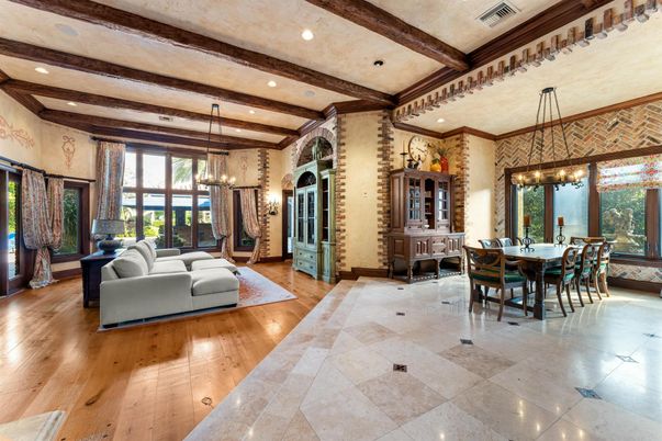 Chandelier, Dining room, Interior, Living room, Pendant Lights, Recessed Lighting, Wooden Beams, Wood Texture Flooring