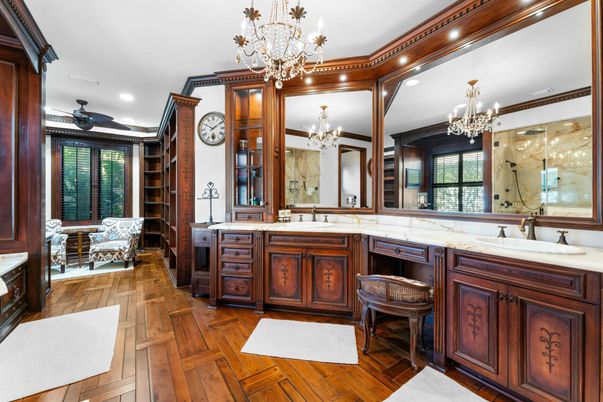 Bathroom, Chandelier, Dual Sink Vanities, Interior, Recessed Lighting, Wood Texture Flooring