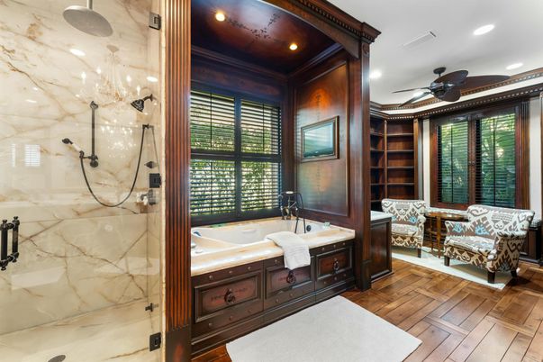 Bathroom, Glass Shower, Interior, Recessed Lighting, Wood Texture Flooring