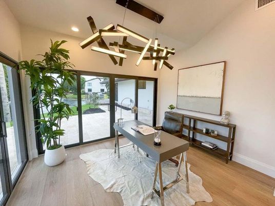 Home Office, Interior, Pendant Lights, Recessed Lighting, Wood Texture Flooring