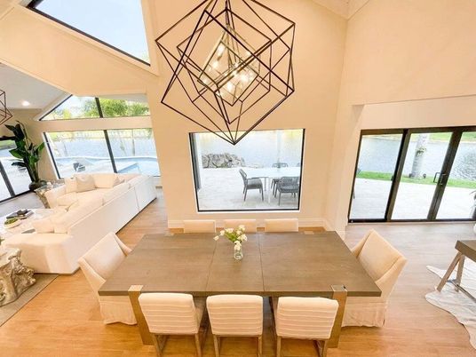 Dining room, Interior, Living room, Pendant Lights, Wood Texture Flooring
