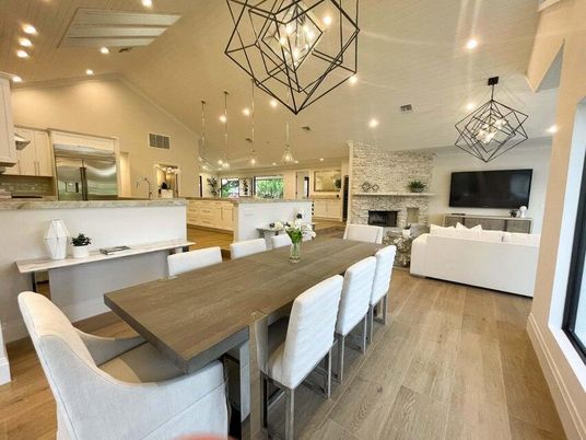 Dining room, Fireplace, Interior, Kitchen, Living room, Pendant Lights, Recessed Lighting, Stainless Steel Appliances, Stone Walls, Wood Texture Flooring
