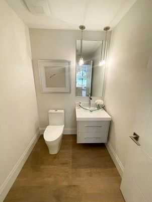Bathroom, Interior, Pendant Lights, Wood Texture Flooring