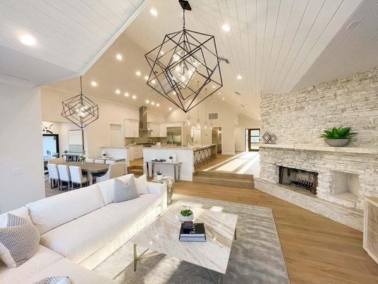 Dining room, Fireplace, Interior, Kitchen, Living room, Pendant Lights, Recessed Lighting, Stainless Steel Appliances, Stone Walls, Wood Texture Flooring