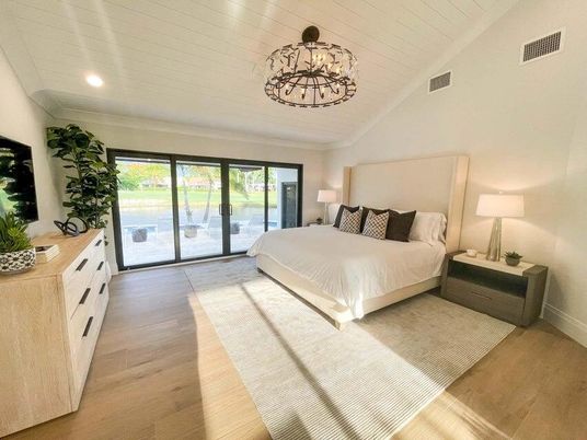 Bedroom, Chandelier, Interior, Recessed Lighting, Wood Texture Flooring