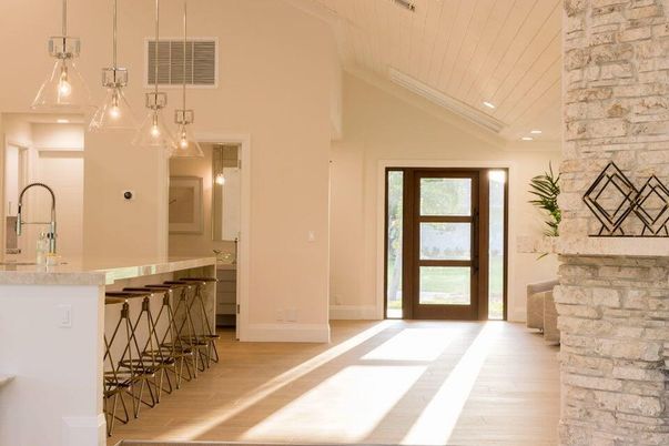 Interior, Pendant Lights, Recessed Lighting, Stone Walls, Wood Texture Flooring
