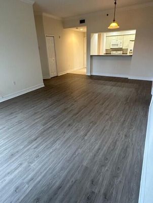 Empty room, Interior, Kitchen, Pendant Lights, Recessed Lighting, Wood Texture Flooring