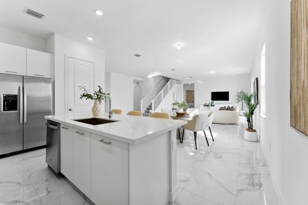 Dining room, Interior, Kitchen, Living room, Marble, Recessed Lighting, Stainless Steel Appliances