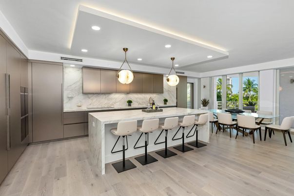 Dining room, Interior, Kitchen, Marble Walls, Pendant Lights, Recessed Lighting, Wood Texture Flooring