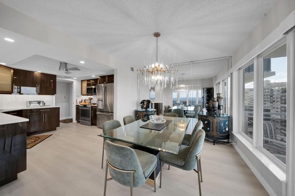 Dining room, Interior, Kitchen, Pendant Lights, Recessed Lighting, Stainless Steel Appliances, Wood Texture Flooring