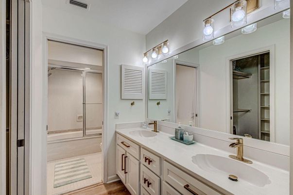 Bathroom, Dual Sink Vanities, Glass Shower, Interior, Wood Texture Flooring