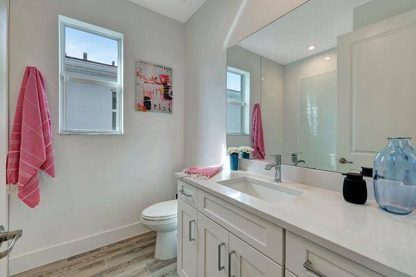 Bathroom, Interior, Recessed Lighting, Wood Texture Flooring