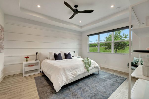 Bedroom, Interior, Recessed Lighting, Wood Texture Flooring