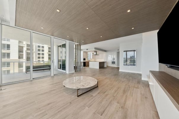 Empty room, Interior, Kitchen, Recessed Lighting, Wood Texture Flooring