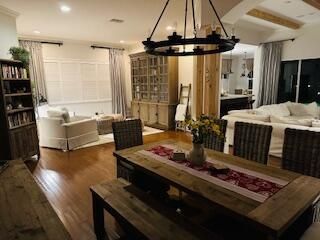 Chandelier, Dining room, Interior, Living room, Recessed Lighting, Wooden Beams, Wood Texture Flooring