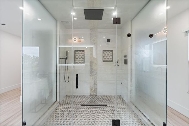 Bathroom, Glass Shower, Interior, Recessed Lighting, Wood Texture Flooring
