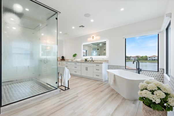 Bathroom, Dual Sink Vanities, Free Standing Baths, Glass Shower, Interior, Recessed Lighting, Water, Wood Texture Flooring