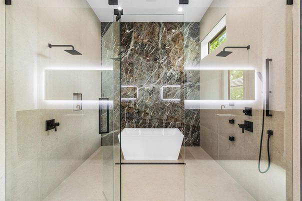 Bathroom, Free Standing Baths, Glass Shower, Interior, Marble Walls, Recessed Lighting