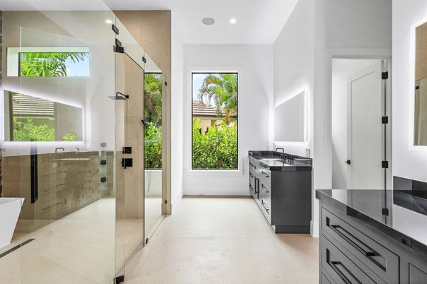 Bathroom, Dual Sink Vanities, Glass Shower, Interior, Recessed Lighting