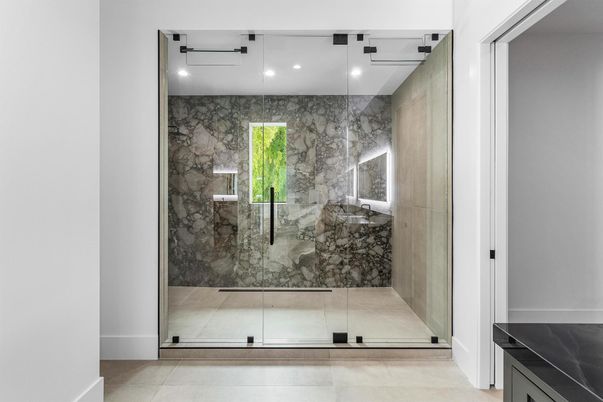 Bathroom, Glass Shower, Interior, Marble Walls, Recessed Lighting