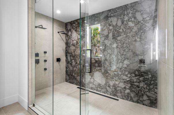Bathroom, Glass Shower, Interior, Marble Walls, Recessed Lighting