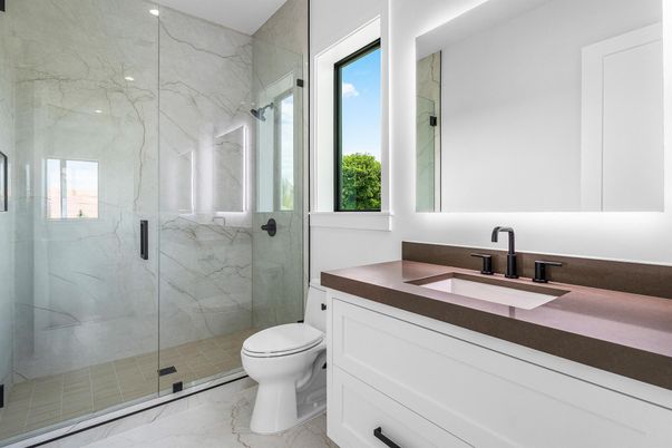 Bathroom, Glass Shower, Interior, Marble, Marble Walls, Recessed Lighting